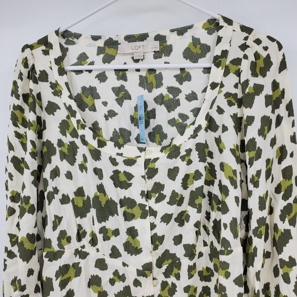 NWT Loft Ann Taylor Cheetah Print Smocked Cuff Square Neck Blouse L Petite - Picture 8 of 9